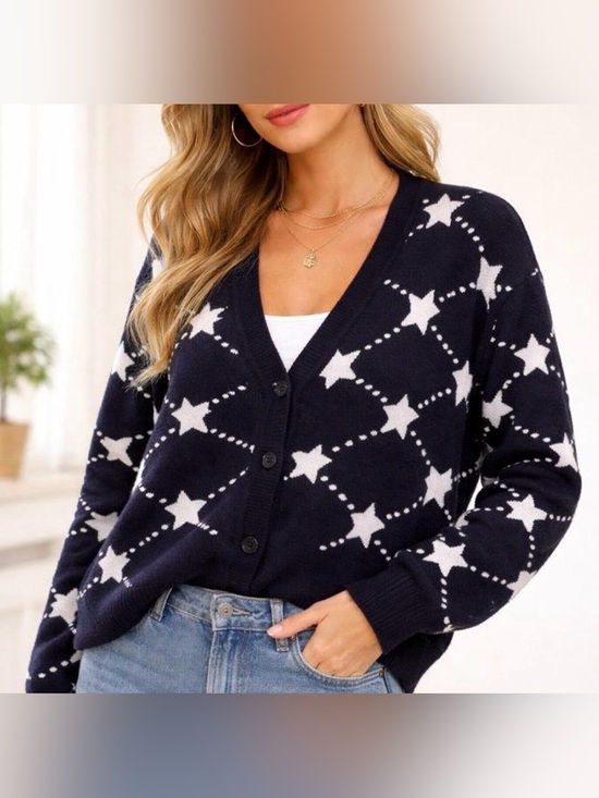 99 Jane Street Sweaters - 99 Jane Street Navy Star-Print V-Neck Button Cardigan Sweater